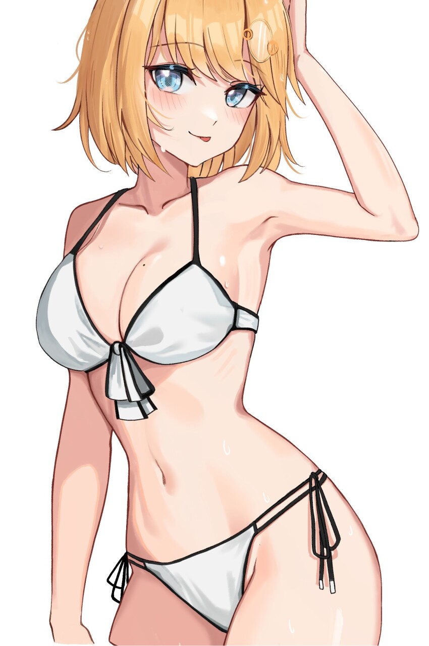 1girl, :p, alternate_costume, arm_up, bikini, blonde_hair, blue_eyes, bob_cut