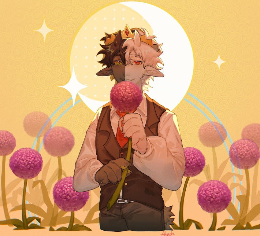 1other, allium_(flower), aluih7, androgynous, animal_ears, animification, belt, black_hair