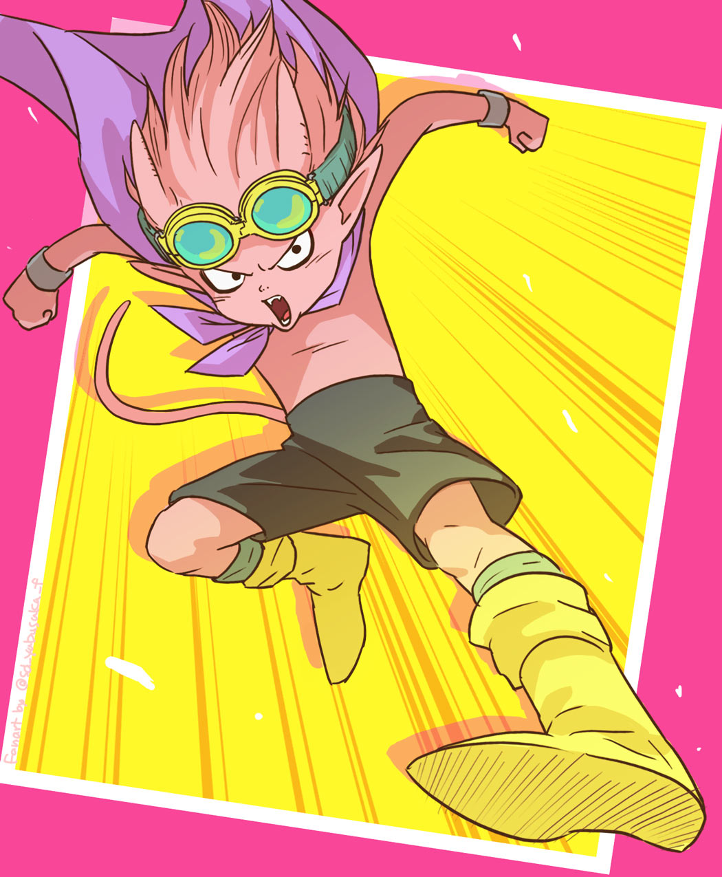 1boy, beelzebub_(sand_land), black_eyes, boots, bracelet, cape, clenched_hands, colored_skin