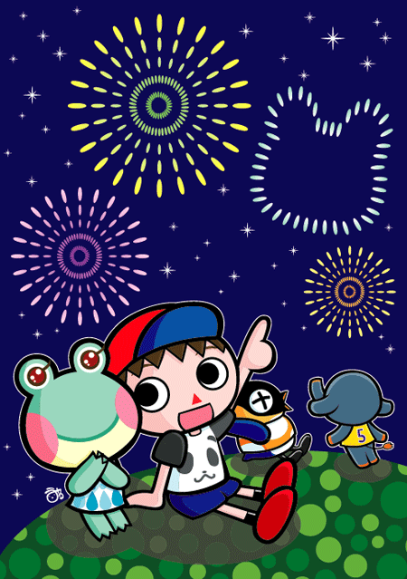 animal_crossing, axel_(animal_crossing), bird, black_eyes, brown_hair, cube, elephant, frog, lilt, nintendo, open_mouth, penguin, red_eyes, tail, villager_(animal_crossing)