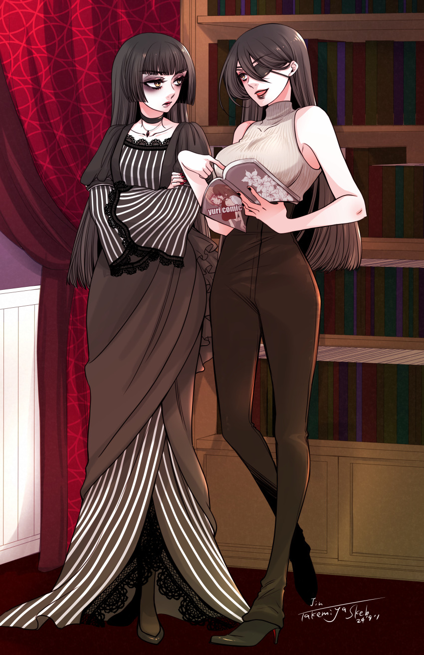 absurdres, black_dress, black_hair, black_lips, brown_eyes, choker, commission, cousins