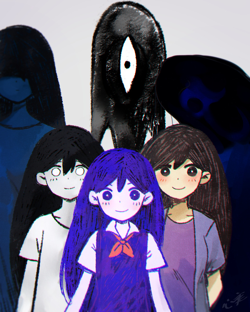 5girls, arms_at_sides, arms_behind_back, black_eyes, black_hair, blush, bright_pupils, chromatic_aberration