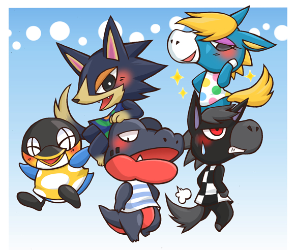 alligator, animal_crossing, bird, black_eyes, black_hair, blonde_hair, blush, crocodilian