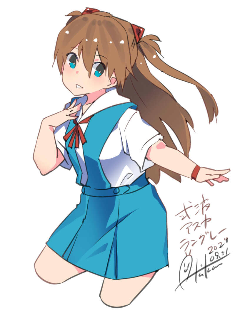 1girl, absurdres, blue_eyes, blue_skirt, blush, brown_hair, character_name, dated, dress_shirt, highres, inica, interface_headset_(evangelion), long_hair, neck_ribbon, neon_genesis_evangelion, open_mouth, red_ribbon, ribbon, school_uniform, shirt, signature, skirt, solo, souryuu_asuka_langley, suspender_skirt, suspenders, tokyo-3_middle_school_uniform, twintails, white_background, white_shirt