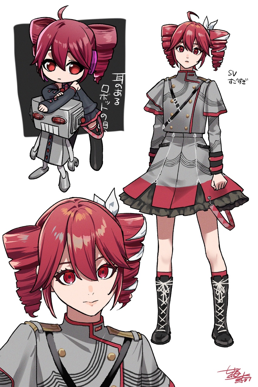 1girl, absurdres, ahoge, bare_shoulders, belt, black_boots, black_skirt, boots