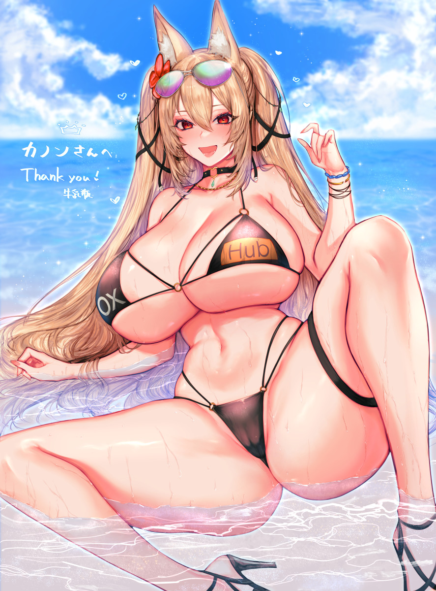 1girl, :d, animal_ear_fluff, animal_ears, artist_name, bikini, black_bikini, black_choker