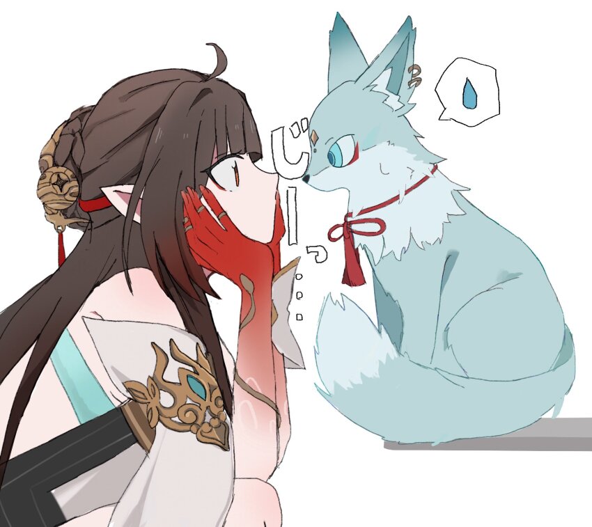 1girl, ahoge, animal_ears, animalization, blue_eyes, blue_fur, blunt_bangs, brown_hair, colored_extremities, ear_piercing, eyeshadow, feixiao_(honkai:_star_rail), fox, fox_ears, fox_tail, hair_bun, hair_ornament, highres, honkai:_star_rail, honkai_(series), jewelry, lingsha_(honkai:_star_rail), looking_at_another, makeup, niupum, piercing, pointy_ears, profile, red_eyes, red_eyeshadow, red_hands, red_nails, red_ribbon, ribbon, single_hair_bun, speech_bubble, tail, water_drop