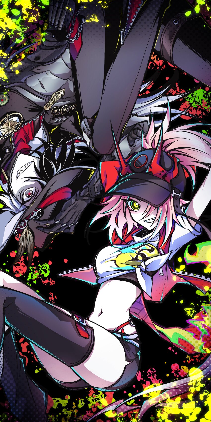 0tya00ml, 1boy, 1girl, absurdres, arms_up, baseball_cap, black_hair, black_jacket, boothill_(honkai:_star_rail), bra, clenched_teeth, collared_shirt, commentary_request, cowboy_hat, crop_top, cropped_jacket, fake_horns, floating, floating_hair, from_side, green_eyes, grey_eyes, grey_hair, hair_floating_upwards, hair_over_one_eye, hand_up, hashtag-only_commentary, hat, high_ponytail, highres, honkai:_star_rail, honkai_(series), horns, jacket, long_sleeves, looking_at_viewer, mechanical_arms, mechanical_hands, multicolored_background, multicolored_eyes, multicolored_hair, navel, open_clothes, open_jacket, paint_splatter, pants, partially_unzipped, pink_hair, ponytail, rappa_(honkai:_star_rail), red_jacket, red_pupils, sharp_teeth, shirt, short_sleeves, smile, stomach, teeth, thick_thighs, thighs, tied_shirt, underwear, unzipped, upside-down, wavy_hair, white_shirt