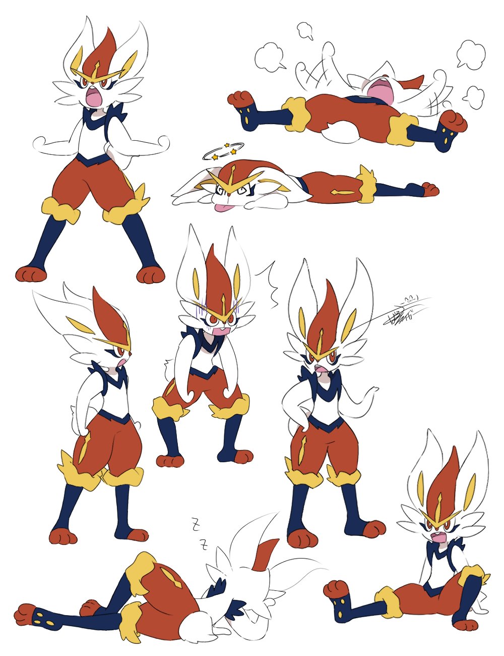 cinderace, closed_eyes, furry, gen_8_pokemon, highres, lying, nintendo, open_mouth, pokemon, pokemon_(creature), rabbit_ears, rabbit_tail, red_eyes, sitting, smile, standing, tiger_subaru, tongue, tongue_out, white_background, zzz