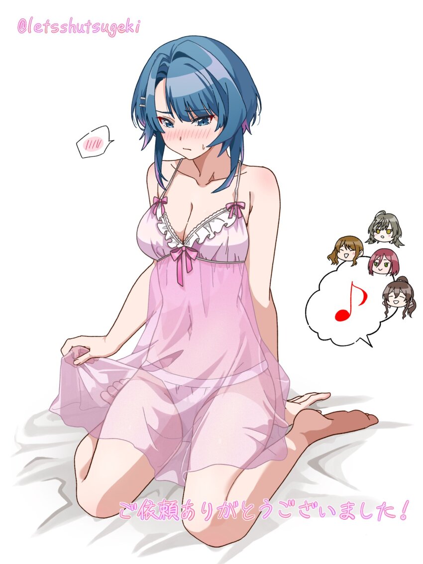 5girls, :d, =_=, aizawa_kazuha, arm_behind_back, assault_lily, asymmetrical_hair, averting_eyes, babydoll, bare_arms, bare_legs, bare_shoulders, barefoot, bed_sheet, blue_eyes, blue_hair, blush, bow, breasts, brown_bow, brown_hair, chibi, chibi_inset, chimimago, cleavage, closed_eyes, collarbone, commentary_request, commission, eighth_note, frilled_babydoll, full_body, green_eyes, grey_hair, hair_between_eyes, hair_bow, hair_ornament, hairclip, hand_up, hatsukano_yo, head_only, highres, iijima_renka, long_hair, looking_ahead, looking_at_another, low_ponytail, medium_breasts, medium_hair, multicolored_hair, multiple_girls, musical_note, navel, no_pupils, nose_blush, open_mouth, panties, parted_lips, pink_babydoll, pink_bow, ponytail, red_hair, sasaki_ran, see-through_clothes, see-through_babydoll, serizawa_chikaru, side_ponytail, sidelocks, sitting, skeb_commission, smile, spaghetti_strap, speech_bubble, spoken_blush, spoken_musical_note, stomach, streaked_hair, sweatdrop, translation_request, twitter_username, underwear, underwear_only, wariza, white_background, white_panties, yellow_eyes