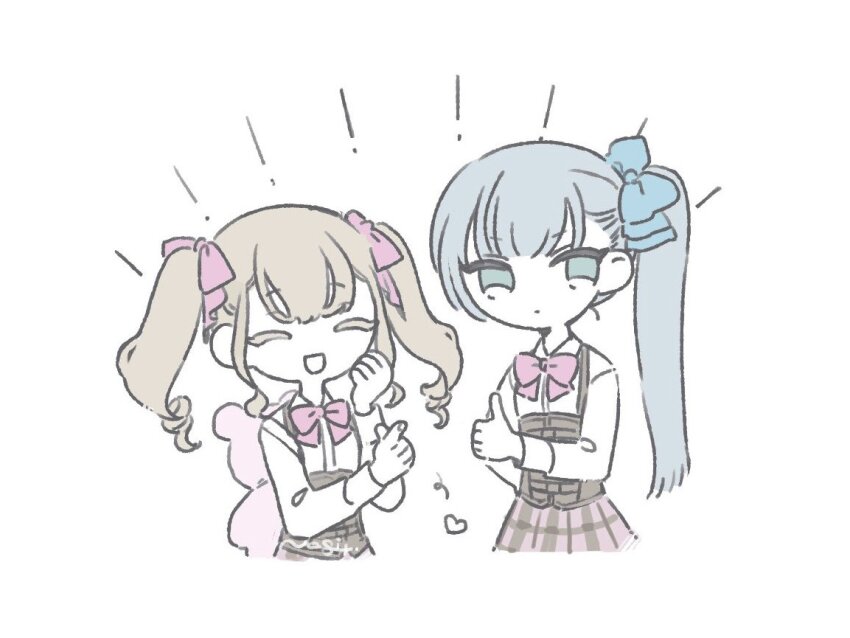 2girls, :d, animal_bag, aqua_eyes, assault_lily, backpack, bag, bear_bag