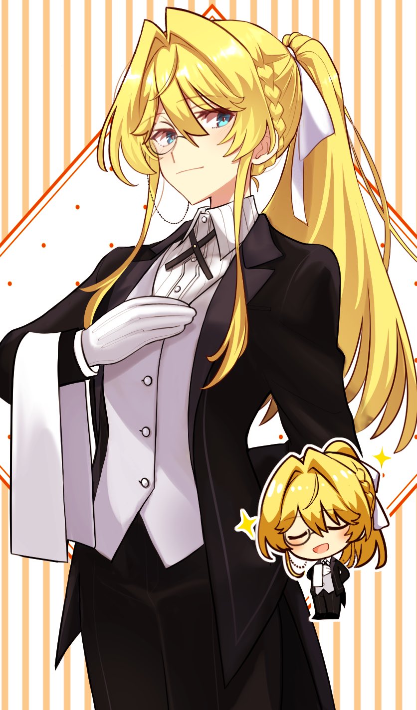 1girl, alternate_hairstyle, arm_behind_back, blonde_hair, butler, chibi, crossdressing_(ftm), female_butler