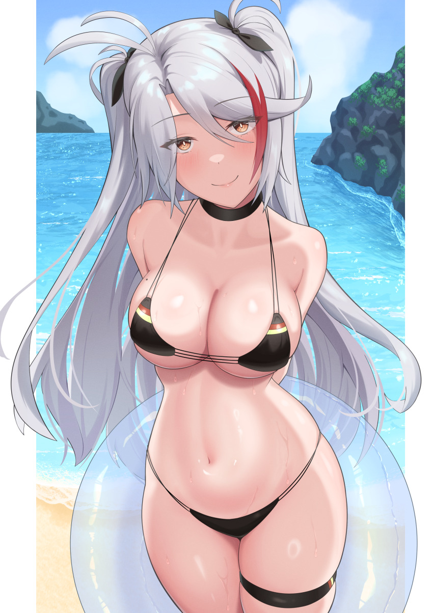 1girl, absurdres, antenna_hair, arms_behind_back, azur_lane, bare_shoulders, beach, bikini