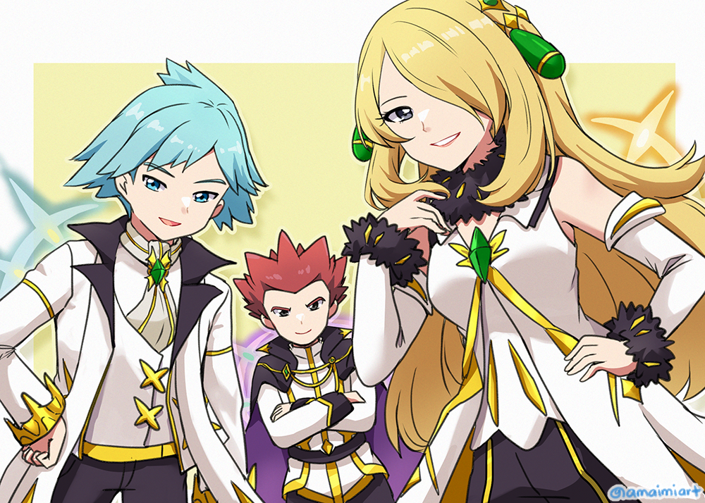 1girl, 2boys, amaimi, blonde_hair, border, commentary_request, crossed_arms, cynthia_(arc_suit)_(pokemon)
