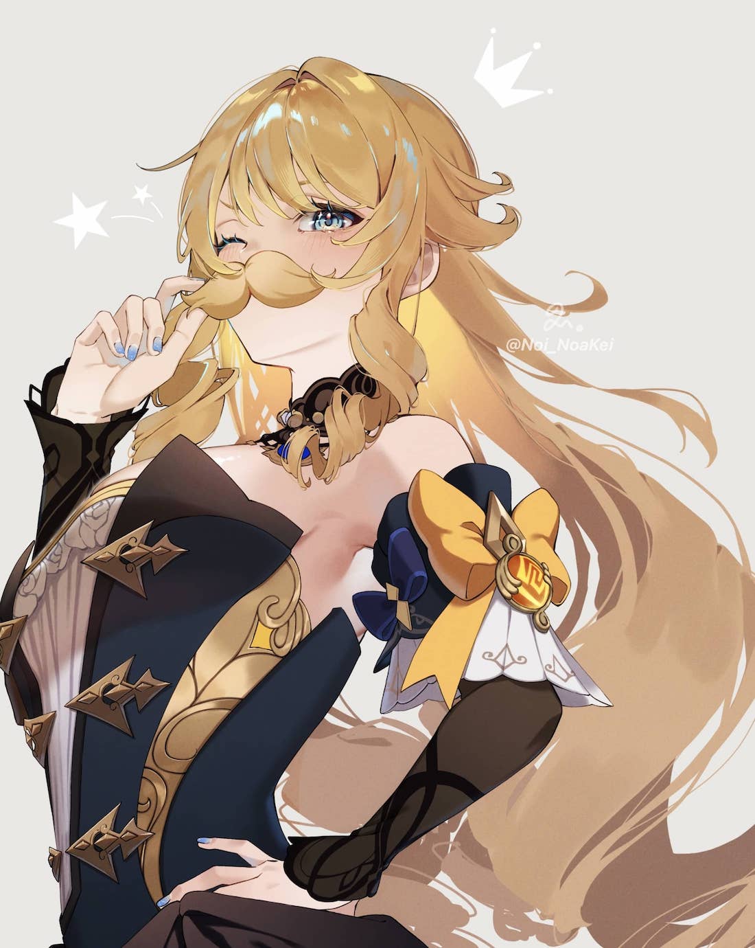 1girl, bare_shoulders, blonde_hair, blue_eyes, blue_nails, blush, bow, detached_sleeves