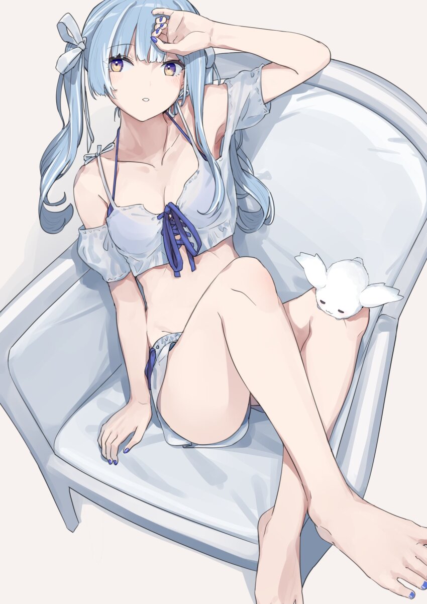 1girl, alternate_costume, amaui, arm_up, atsushima, barefoot, blue_hair, blue_nails