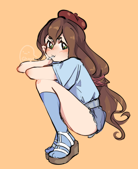 1girl, blush, brown_hair, full_body, ghosty_entity, green_eyes, green_shirt, green_shorts