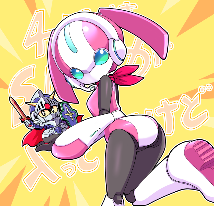 1girl, ass, bandana, bandana_around_neck, blue_eyes, cape, character_doll, doll, from_behind, full_armor_knight_gundam, gundam, gundam_breaker, gundam_breaker_4, gundam_breaker_mobile, headset, info-chan_(gundam_breaker), knight_gundam, looking_back, no_mouth, no_pupils, nollety, pink_bandana, robot, robot_girl, shield, sword, text_background, twintails, weapon, yellow_background