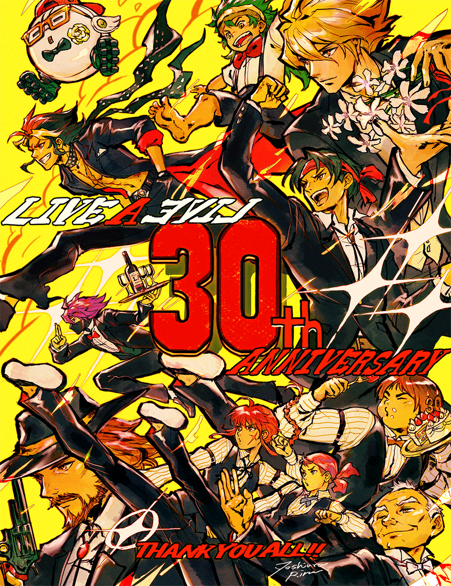 1girl, 6+boys, anniversary, barefoot, bow, bowtie, brown_hair, cube_(live_a_live)