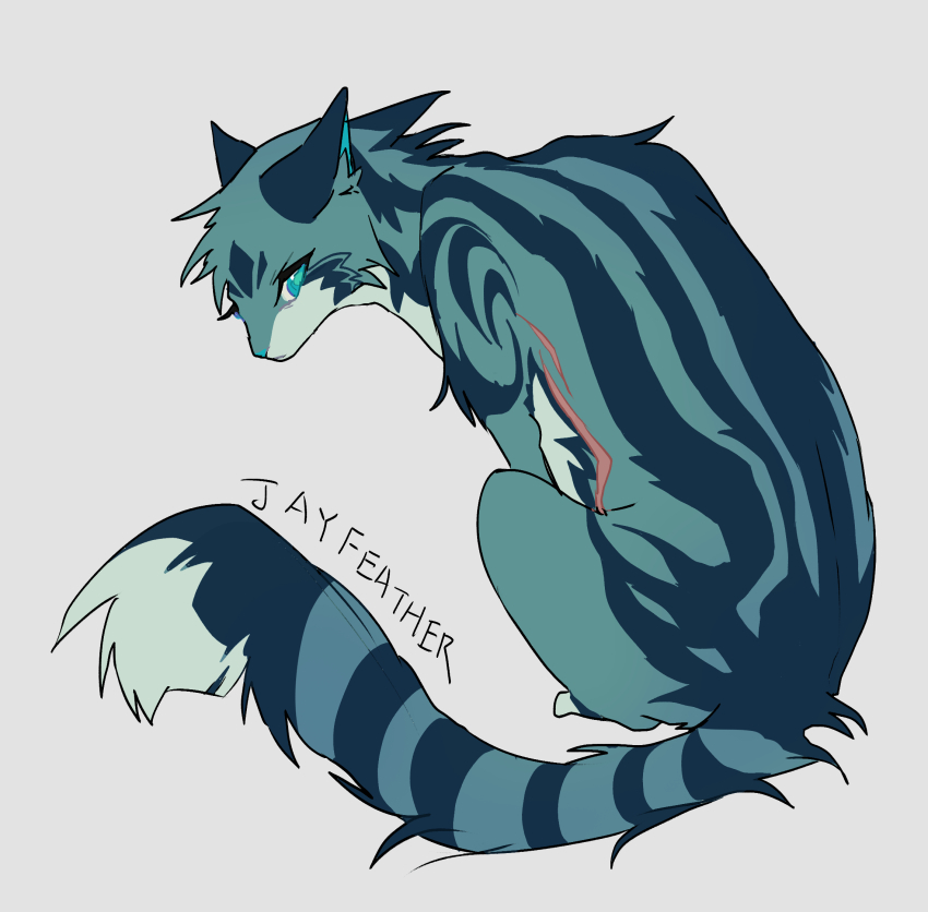 animal, animal_focus, animification, blue_eyes, cat, character_name, english_text, from_behind