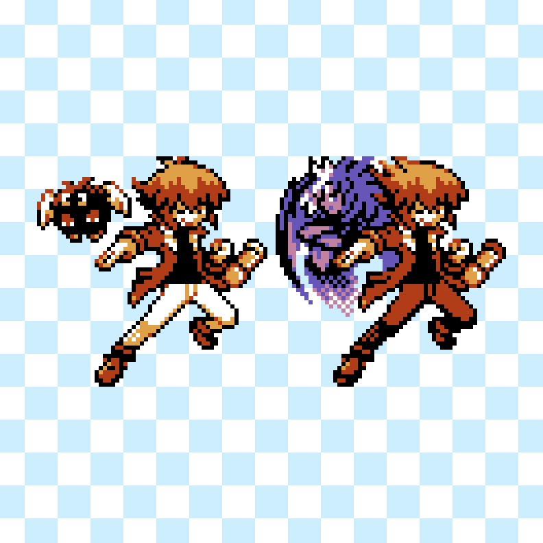 1boy, 1girl, black_shirt, body_fur, brown_fur, brown_hair, colored_skin, commentary, demon_wings, duel_academy_uniform_(yu-gi-oh!_gx), duel_disk, english_commentary, feathered_wings, jacket, multicolored_hair, one_eye_closed, open_clothes, open_jacket, pants, pixel_art, pointing, purple_hair, purple_skin, rastadog77, red_jacket, red_pants, shirt, two-tone_hair, white_pants, white_wings, winged_kuriboh, wings, yu-gi-oh!, yubel, yuki_judai