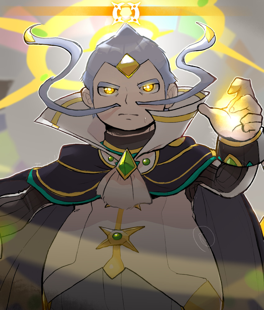 1boy, absurdres, alternate_costume, ascot, black_cape, bright_pupils, cape, closed_mouth, facial_hair, gem, glowing, glowing_eyes, green_gem, grey_background, grey_hair, grey_pants, hand_up, highres, long_mustache, long_sleeves, male_focus, mixed-language_commentary, mustache, mysterial_(pokemon), nintendo, pants, pokemon, pokemon_battle_revolution, pokemon_masters_ex, popped_collar, ragou2niko, short_hair, solo, sweatdrop, white_ascot, white_pupils, yellow_eyes