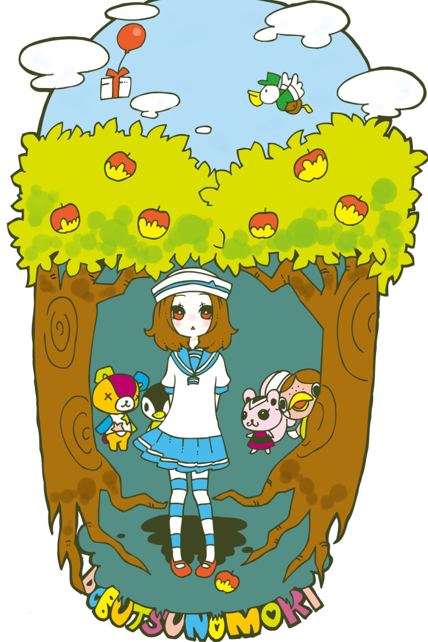 animal_crossing, apple, aurora_(animal_crossing), balloon, bear, bird, black_eyes, brown_hair, food, freckles_(animal_crossing), fruit, gift, highres, nintendo, peanut_(animal_crossing), pelican, penguin, pete_(animal_crossing), red_eyes, scar, squirrel, stitches_(animal_crossing), tree, villager_(animal_crossing)