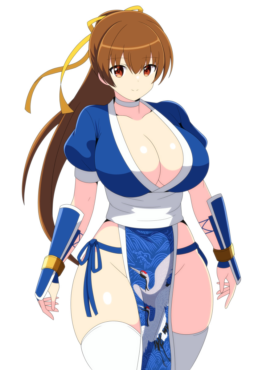 1girl, absurdres, blue_kimono, breasts, brown_eyes, brown_hair, cleavage, cowboy_shot, dead_or_alive, high_ponytail, highres, japanese_clothes, kasumi_(doa), kimono, kunoichi_day, large_breasts, long_hair, looking_at_viewer, ponytail, simple_background, smile, solo, tanikan0120, thighhighs, white_background, white_thighhighs