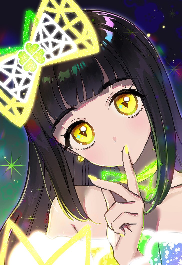 bare_shoulders, black_hair, blunt_bangs, bow, covering_own_mouth, dot_nose, finger_to_mouth, hair_bow, hand_up, head_tilt, hime_cut, himitsu_no_aipri, long_hair, looking_at_viewer, neon_lights, oshiri_(o4ritarou), portrait, pretty_series, shushing, sparkle, straight_hair, suzukaze_tsumugi, symbol-shaped_pupils, triangle-shaped_pupils, yellow_bow, yellow_eyes