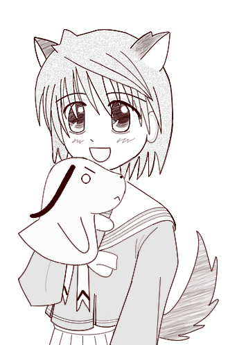 00s, 1boy, animal_ears, cat_boy, cat_ears, cat_tail, johnny_ryuusei, lowres, mahoraba, male_focus, monochrome, puppet, school_uniform, serafuku, shiratori_ryushi, sketch, solo, tail, trap, white_background