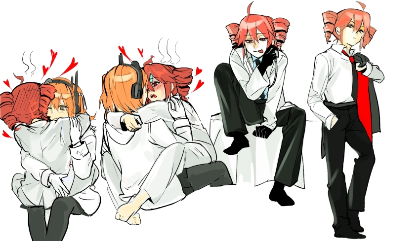 2girls, a.i._voice, adachi_rei, ahoge, black_gloves, black_necktie, black_pants, black_socks, blue_shirt, collared_shirt, drill_hair, flustered, gloves, hand_up, heart, highres, huan1034097, kasane_teto, kiss, long_sleeves, looking_at_viewer, multiple_girls, necktie, orange_eyes, orange_hair, pants, red_eyes, red_hair, shirt, simple_background, socks, twin_drills, utau, white_background, white_shirt, yuri