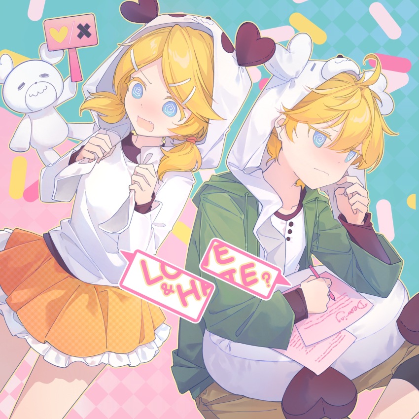 1boy, 1girl, @_@, absurdres, animal_hat, blonde_hair, blue_eyes, blush