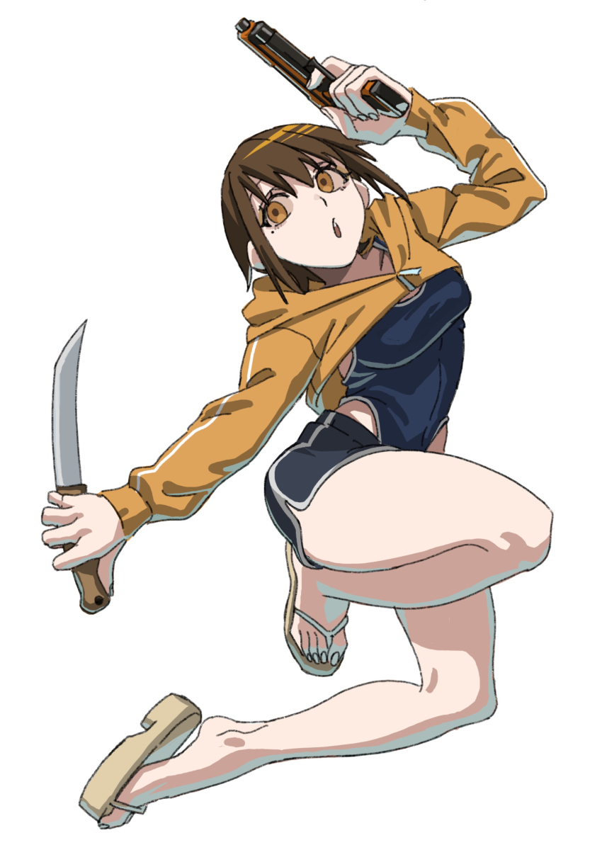 1girl, billyonthestraw, black_shorts, brown_hair, cropped_hoodie, flip-flops, full_body, gun