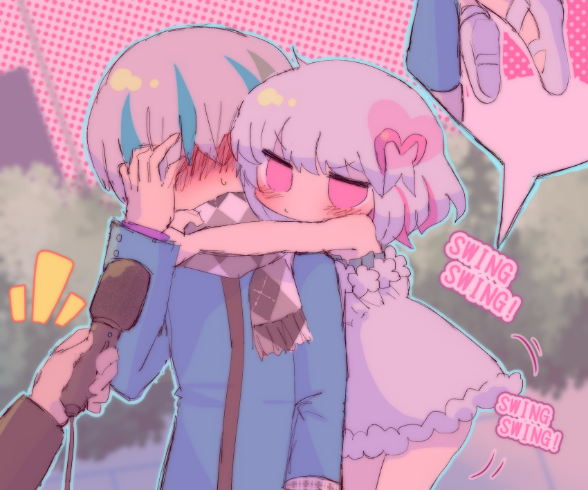 1girl, 2boys, bad_id, bad_pixiv_id, bare_shoulders, blue_hair, blush, clinging, deliriumcenter, dohna_dohna_issho_ni_warui_koto_o_shiyou, dress, embarrassed, flat_chest, grey_hair, hand_on_own_face, height_difference, highres, holding, holding_microphone, interview, jacket, kuma_(dohna_dohna), looking_at_another, microphone, multicolored_hair, multiple_boys, pink_eyes, pink_hair, porno_(dohna_dohna), scarf, short_hair, tree, two-tone_hair