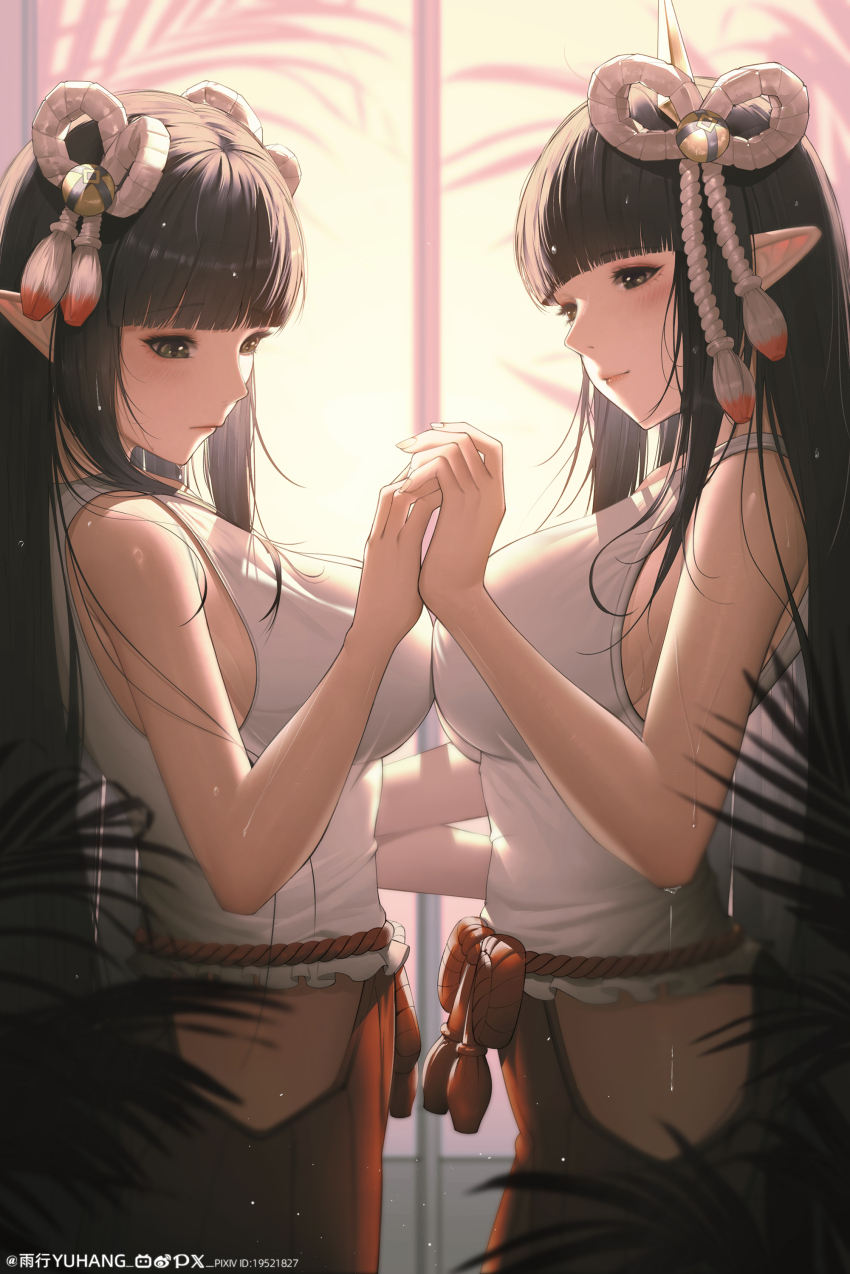 2girls, absurdres, artist_name, bilibili_logo, black_hair, blunt_bangs, blurry, blurry_background, blush, breast_press, breasts, closed_mouth, commentary, cowboy_shot, from_side, hair_ornament, hand_grab, highres, hinoa, incest, large_breasts, long_hair, looking_down, minoto, monster_hunter_(series), monster_hunter_rise, multiple_girls, pixiv_id, pixiv_logo, pointy_ears, rope, shimenawa, shirt, siblings, sidelocks, sisters, sleeveless, sleeveless_shirt, sweat, symmetrical_docking, twins, twitter_x_logo, watermark, weibo_watermark, white_shirt, yuri, yuxing_yuhang