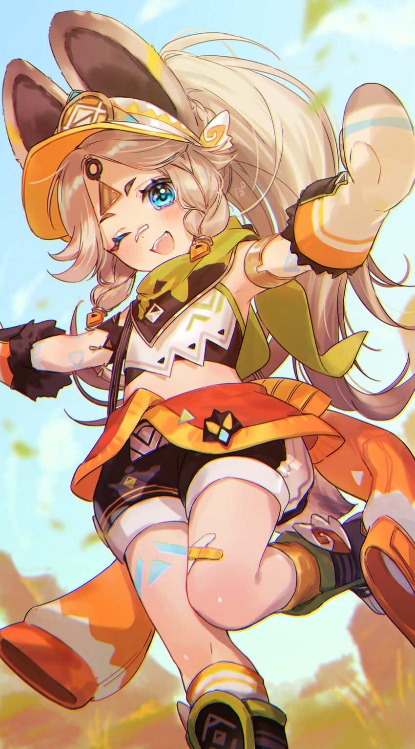 1girl, ;d, absurdres, animal_ears, bandage_on_leg, bandana, bandana_around_neck, black_shorts, blue_eyes, blush, brown_hair, clothes_around_waist, commentary_request, crop_top, foot_out_of_frame, fur-trimmed_gloves, fur_trim, genshin_impact, gloves, green_bandana, highres, jacket, jacket_around_waist, kachina_(genshin_impact), leg_up, long_hair, looking_at_viewer, midriff, multicolored_gloves, one_eye_closed, open_mouth, orange_gloves, orange_jacket, outstretched_arms, parted_bangs, pon2oo, ponytail, shorts, smile, solo, teeth, upper_teeth_only, very_long_hair, visor_cap, white_gloves