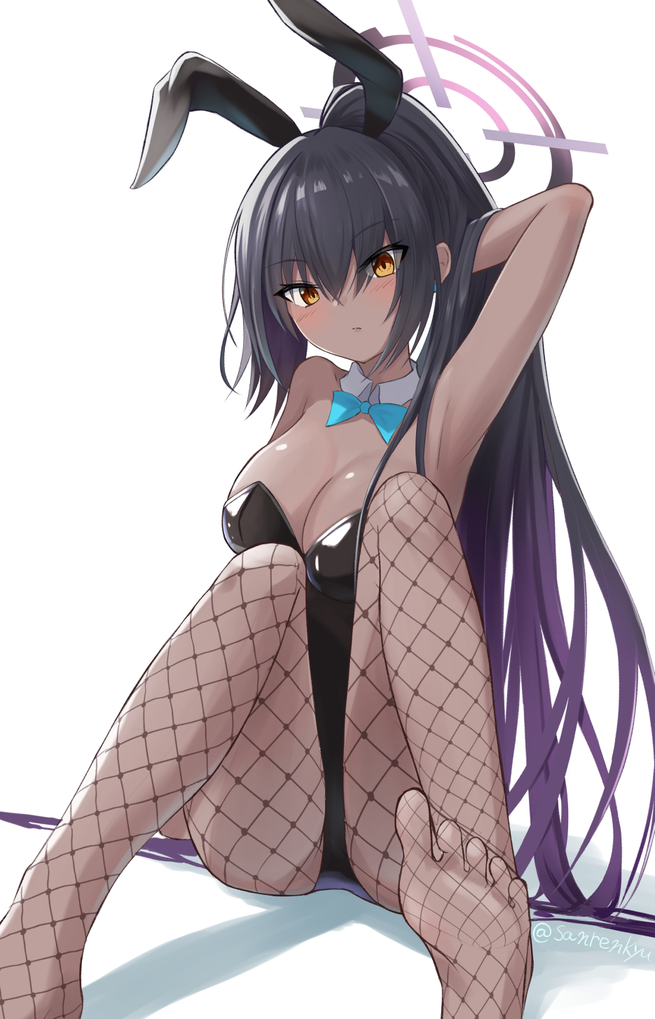 1girl, adjusting_hair, animal_ears, arm_at_side, arm_behind_head, armpits, bare_shoulders, barefoot