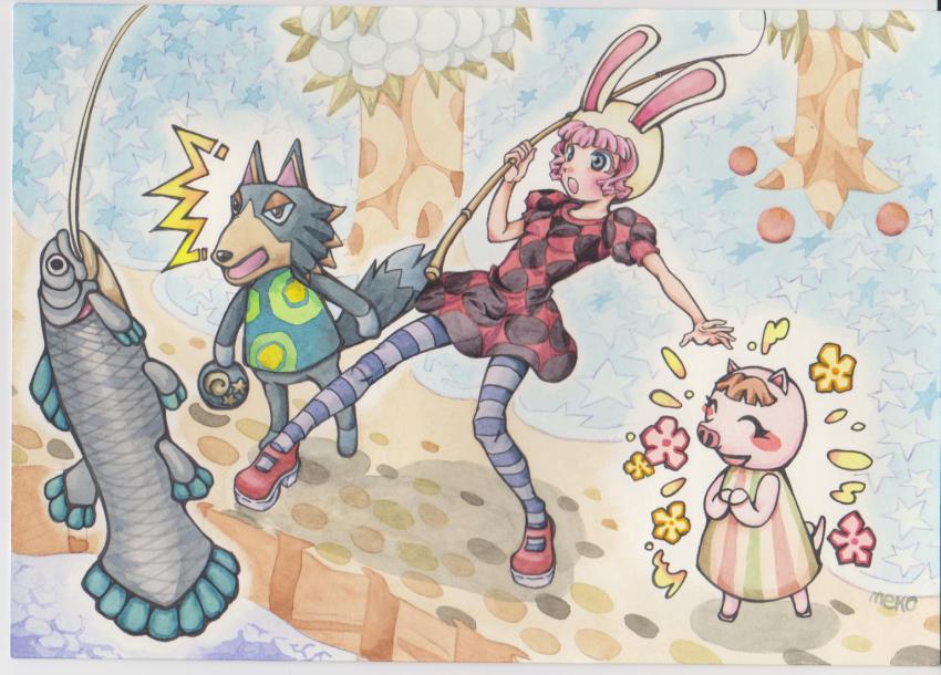 animal_crossing, animal_ears, brown_hair, rabbit_ears, coelacanth, fish, fishing_rod, lucy_(animal_crossing)