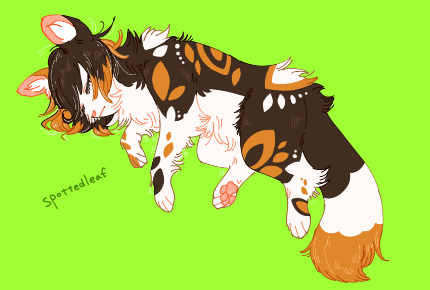 animal, animal_focus, calico_(pattern), cat, character_name, closed_eyes, closed_mouth, commentary_request, english_text, eyelashes, fluffy, green_background, implied_death, lying, medium_hair, neko_gokoro, no_humans, on_side, pawpads, solo, spottedleaf, tail, the_prophecies_begin, warrior_cats