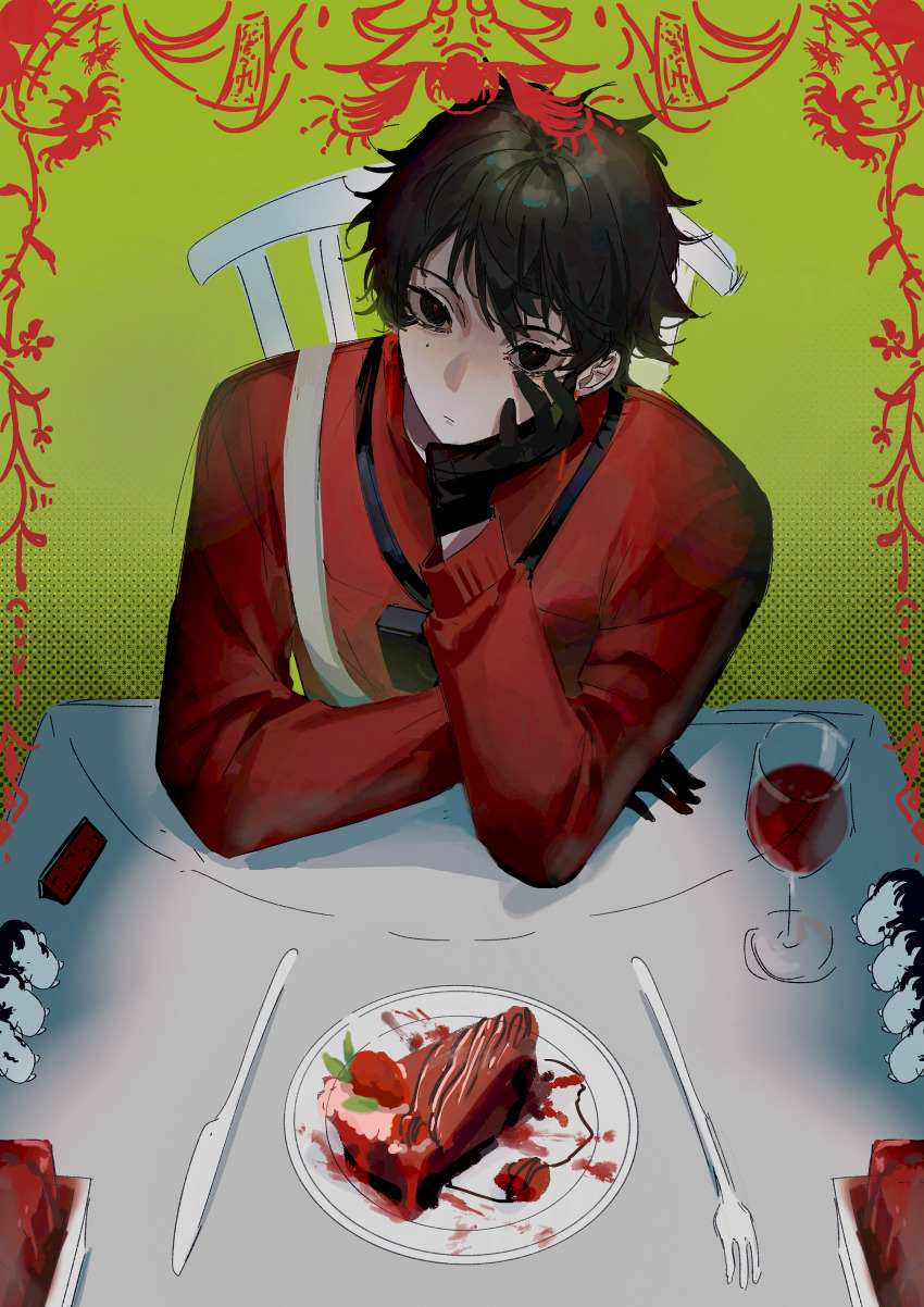 1boy, absurdres, alcohol, black_eyes, black_gloves, black_hair, cake, cake_slice