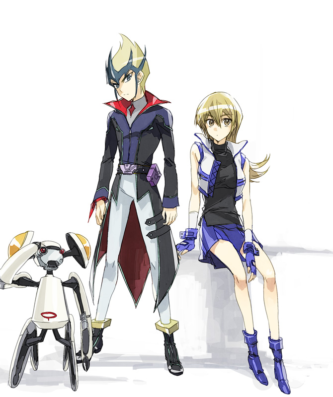 1boy, 1girl, belt, belt_pouch, black_footwear, black_jacket, black_shirt, blonde_hair, blue_footwear, blue_gloves, blue_skirt, brown_eyes, coat, colored_bangs, duel_academy_uniform_(yu-gi-oh!_arc-v), facing_viewer, gloves, grey_eyes, hand_on_ground, in-franchise_crossover, jacket, looking_to_the_side, mechanical_arms, mechanical_legs, moribuden, orbital_7, pants, popped_collar, pouch, robot, shirt, sitting, skirt, tenjou_kaito, tenjouin_asuka, trench_coat, white_background, white_jacket, white_pants, yu-gi-oh!, yu-gi-oh!_arc-v, yu-gi-oh!_zexal