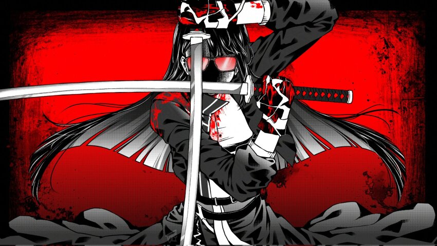 1girl, arm_up, belt, blood, blood_on_clothes, blood_on_hands, blunt_bangs, coat