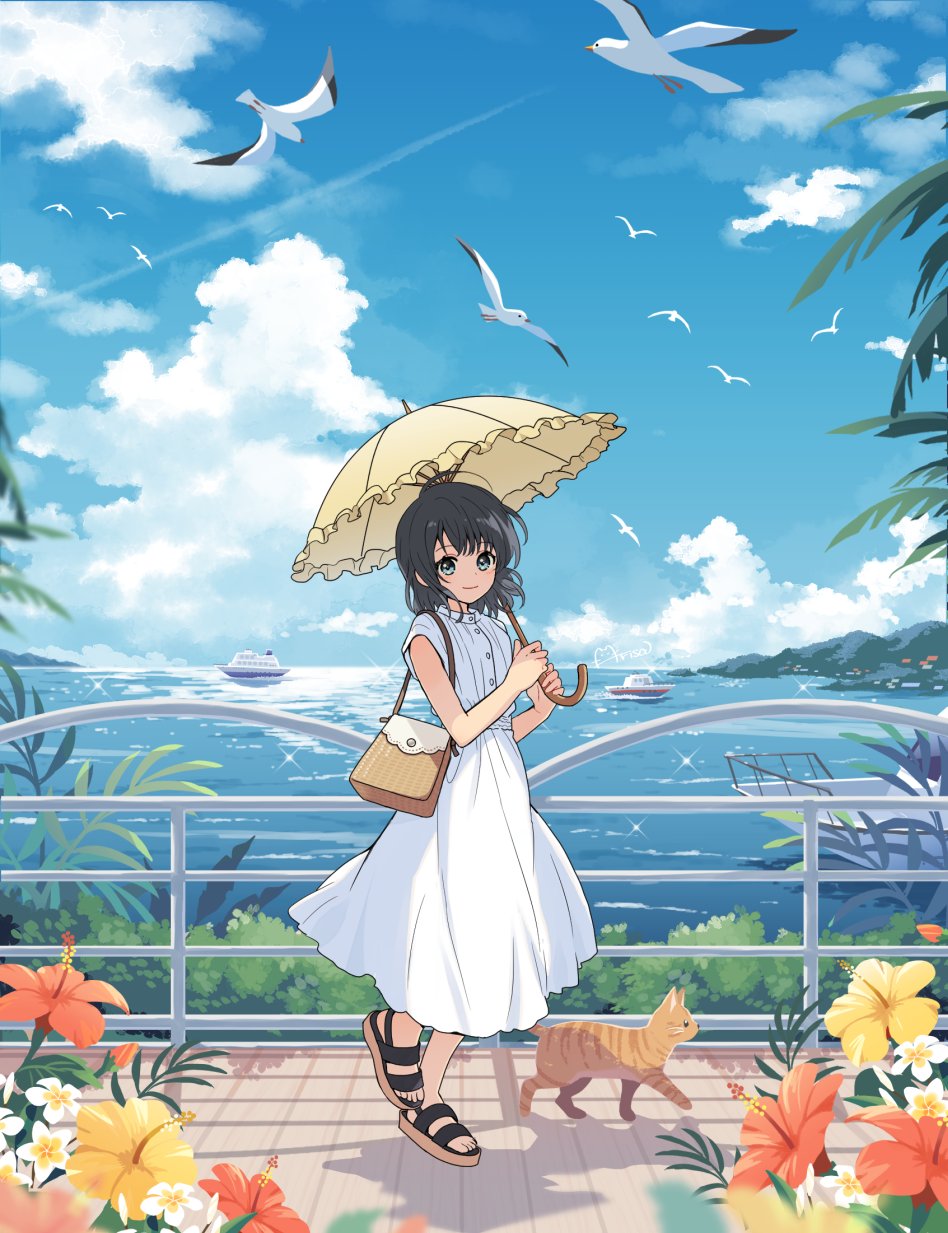 1girl, animal, aqua_eyes, arisa_(aren), bag, bird, black_hair, black_sandals