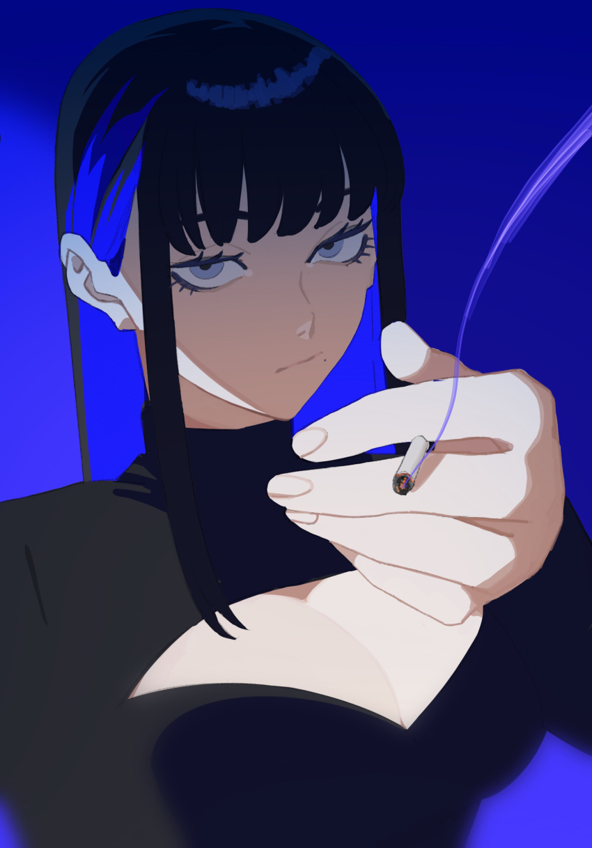 1girl, art_study, billyonthestraw, black_hair, blue_background, blue_eyes, blunt_bangs, breasts