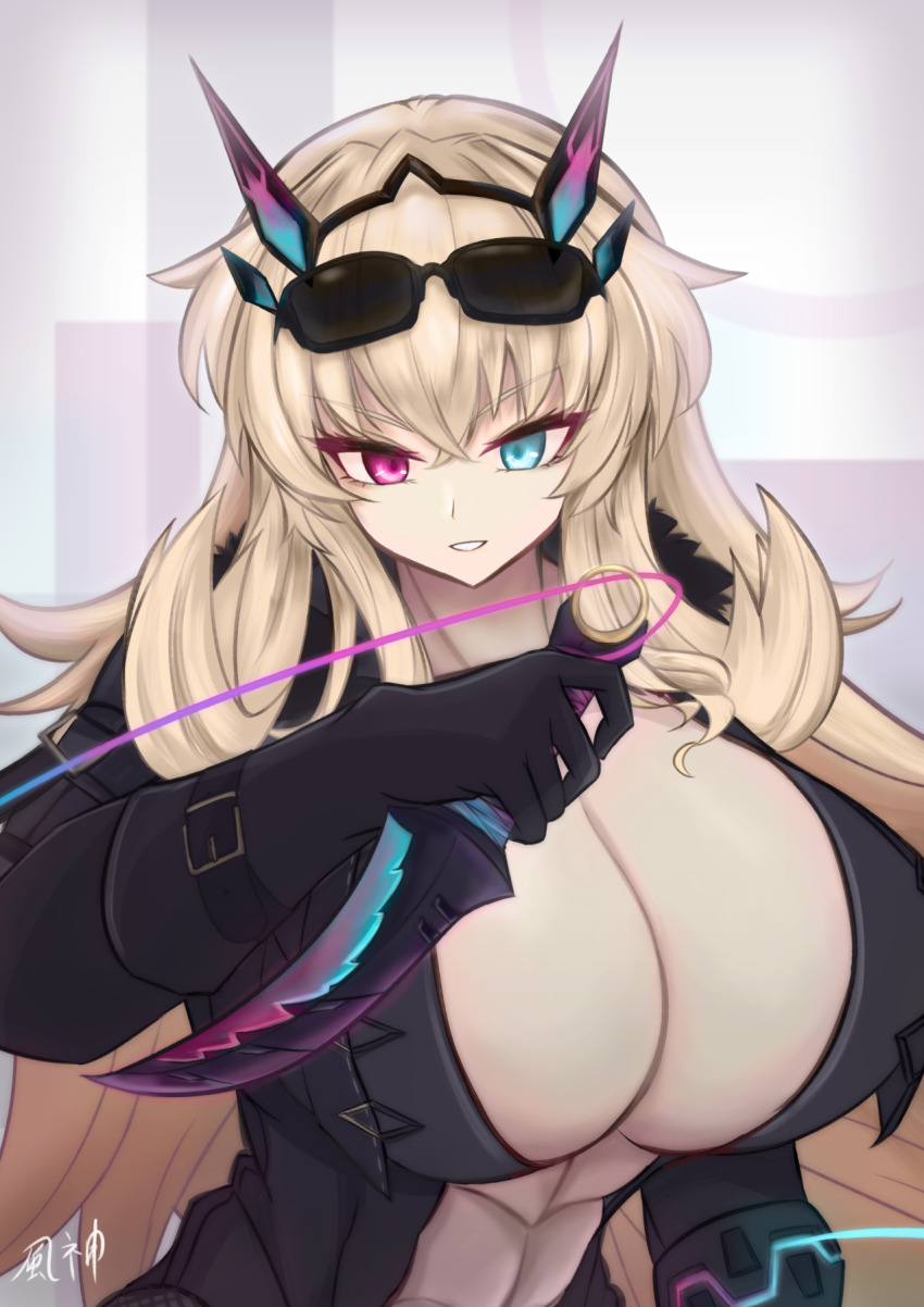 1girl, abs, barghest_(exhibition_attire)_(fate), barghest_(fate), black_bodysuit, black_gloves, blonde_hair, bodysuit, breasts, center_opening, dagger, fate/grand_order, fate_(series), fur_collar, fuugami, gloves, green_eyes, heterochromia, highres, horns, huge_breasts, knife, long_hair, looking_at_viewer, muscular, muscular_female, red_eyes, solo, sunglasses, weapon