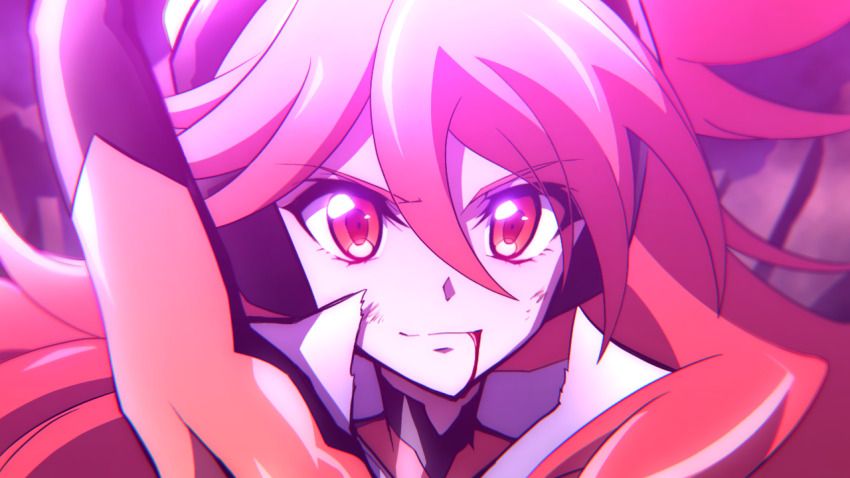 1girl, amou_kanade, arm_up, blood, blood_from_mouth, bodysuit, close-up, hair_between_eyes