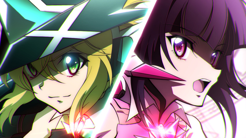 2girls, akatsuki_kirika, black_hair, blonde_hair, close-up, green_eyes, hair_between_eyes, headgear, medium_hair, multiple_girls, open_mouth, pink_eyes, rice_kobayashi, senki_zesshou_symphogear, smile, split_screen, symphogear_pendant, teeth, tsukuyomi_shirabe, upper_teeth_only, v-shaped_eyebrows