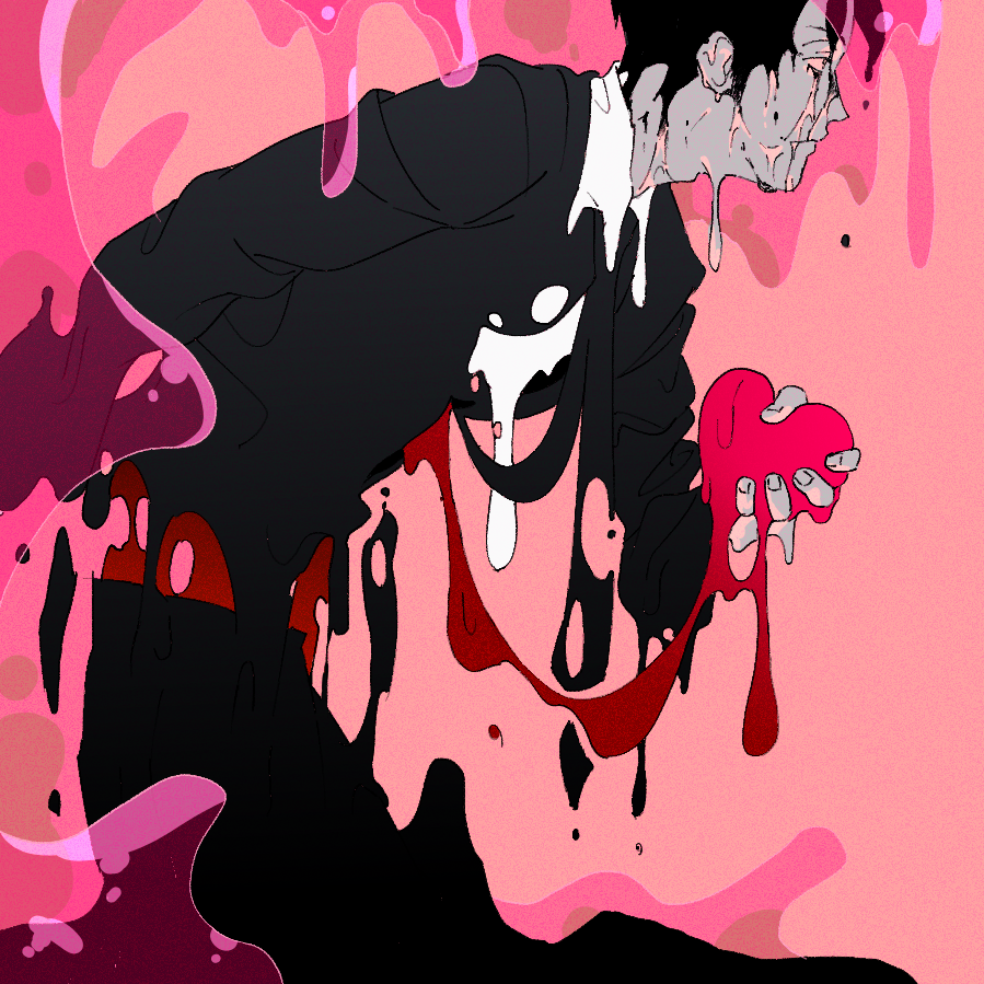 1boy, adoration_(e.g.o), black_eyes, black_hair, black_jacket, black_pants, blood, colored_skin