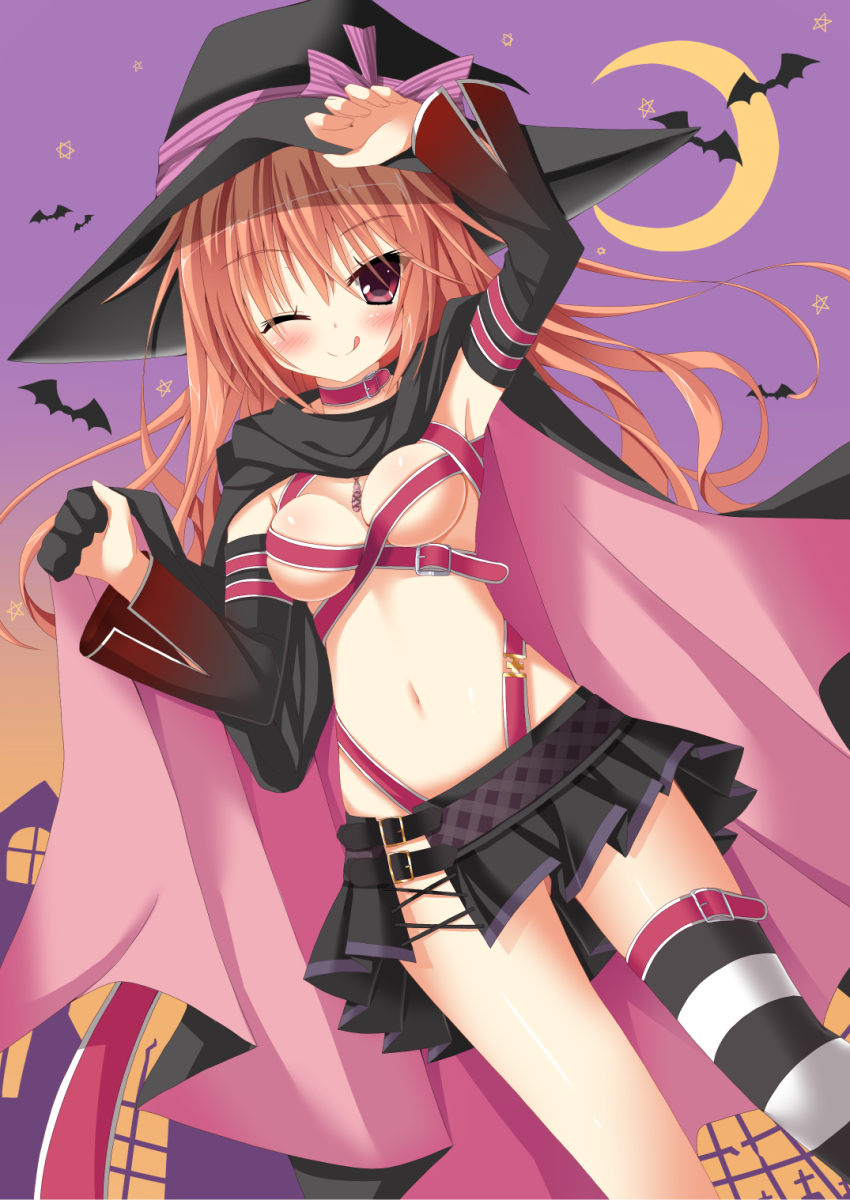 1girl, ;q, arm_up, armpits, ayachi_nene, ayachi_nene_(cosplay), bare_shoulders, bat_(animal)