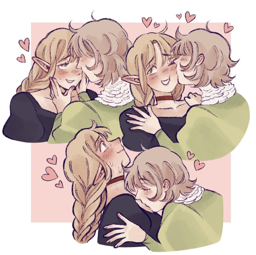 2girls, black_dress, blonde_hair, blush, braid, collar, dress, dungeon_meshi, elf, falin_touden, feathers, ginakusgf, green_dress, green_eyes, grey_hair, hands_on_another's_head, hands_on_another's_shoulders, heart, highres, kiss, long_hair, looking_at_another, marcille_donato, multiple_girls, pointy_ears, simple_background, smile, white_feathers, yuri